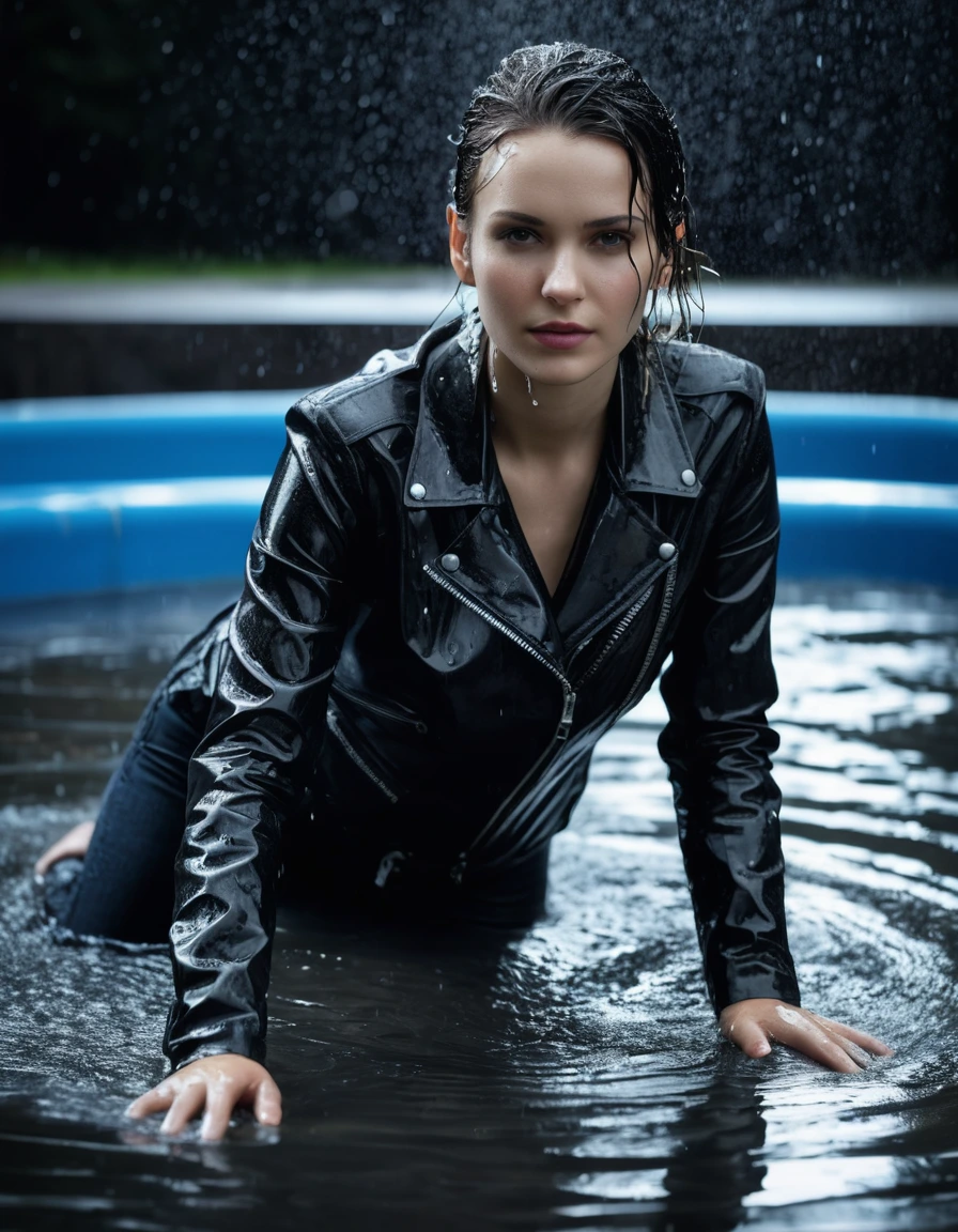 photo of young woman, in soaking wet, drenched clothes,
Black leather ankle boots, soaked and glistening , skin tight black leather jeans, saturated, water-drenched white latex shirt, black leather jacket, saturated, laying submerged in a swimming pool at night, heavy rain, drenched, close up, water up to shoulders, 
enjoying, wet clothes stuck to body,
detailed textures of the wet clothes, wet face, wet plastered hair,
wet, drenched, professional, high-quality details, full body view.
sharp focus, ultra-high pixel detail, realistic, high-quality, full colors, incredibly detailed, 4k, 8k, 16k, hyper-realistic, RAW photo, masterpiece, ultra-detailed, professionally color graded, professional photograph, streaming raindrops, fabric transparency, high-contrast water cling, cinematic lighting, photorealistic, 8k, water dripping from hem, storm aftermath atmosphere, wet skin, wet clothes, damp fabric