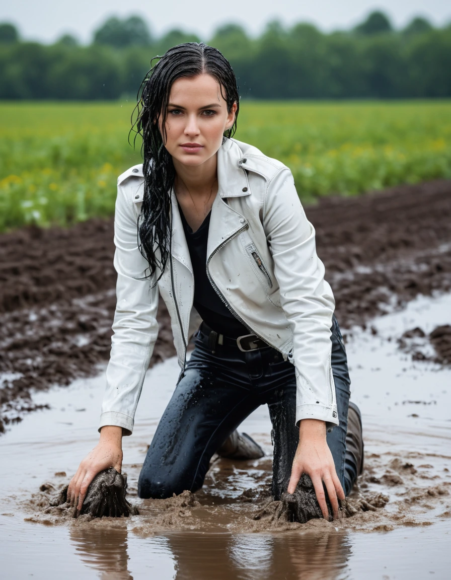 photo of young woman, in soaking wet, drenched clothes,
Black leather ankle boots, soaked and glistening , skin tight black leather jeans, saturated, water-drenched white latex shirt, black leather jacket, saturated, laying submerged in a mud pool in a field, covered in mud, heavy rain, drenched, close up, mud up to shoulders, 
enjoying, wet clothes stuck to body,
detailed textures of the wet clothes, wet face, wet plastered hair,
wet, drenched, professional, high-quality details, full body view.
sharp focus, ultra-high pixel detail, realistic, high-quality, full colors, incredibly detailed, 4k, 8k, 16k, hyper-realistic, RAW photo, masterpiece, ultra-detailed, professionally color graded, professional photograph, streaming raindrops, fabric transparency, high-contrast water cling, cinematic lighting, photorealistic, 8k, water dripping from hem, storm aftermath atmosphere, wet skin, wet clothes, damp fabric