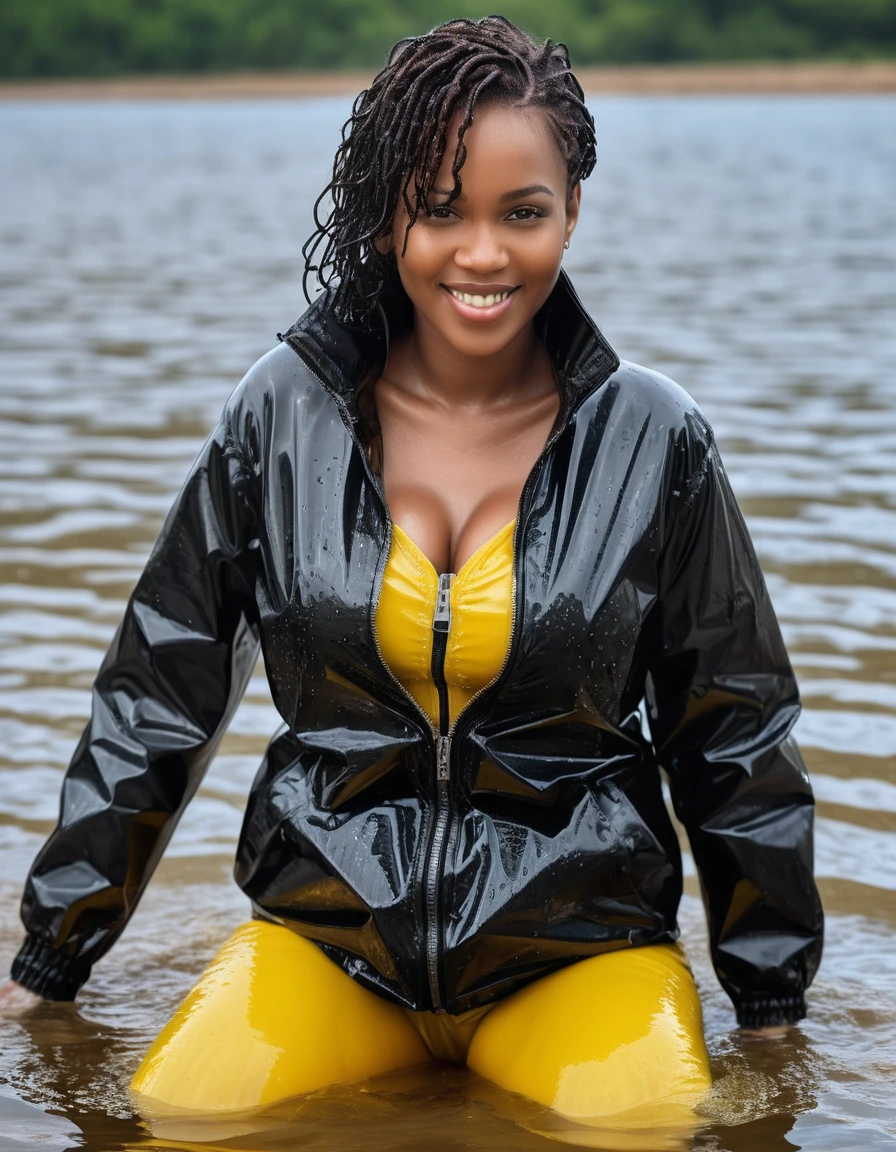 photo of young woman, in soaking wet, drenched clothes,
high heels, leather leggings, yellow transparent t-shirt, black wet shiny pvc puffer jacket, Swimming in sea smiling, 
enjoying, wet clothes stuck to body,
detailed textures of the wet clothes, wet face, wet plastered hair,
wet, drenched, professional, high-quality details, full body view.
sharp focus, ultra-high pixel detail, realistic, high-quality, full colors, incredibly detailed, 4k, 8k, 16k, hyper-realistic, RAW photo, masterpiece, ultra-detailed, professionally color graded, professional photograph, fat, ebony mature, very big boobs, wet skin, wet clothes, damp fabric, wet skin, wet clothes, damp fabric