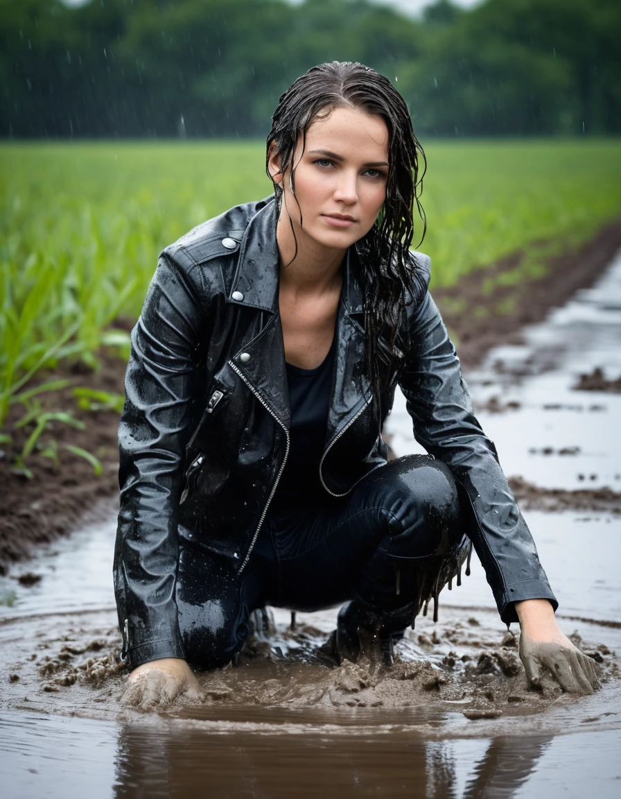 photo of young woman, in soaking wet, drenched clothes,
Black leather ankle boots, soaked and glistening , skin tight black leather jeans, saturated, water-drenched white latex shirt, black leather jacket, saturated, lying submerged in a mud pool in a field, covered in mud, heavy rain, drenched, close up, mud up to shoulders, 
enjoying, wet clothes stuck to body,
detailed textures of the wet clothes, wet face, wet plastered hair,
wet, drenched, professional, high-quality details, full body view.
sharp focus, ultra-high pixel detail, realistic, high-quality, full colors, incredibly detailed, 4k, 8k, 16k, hyper-realistic, RAW photo, masterpiece, ultra-detailed, professionally color graded, professional photograph, streaming raindrops, fabric transparency, high-contrast water cling, cinematic lighting, photorealistic, 8k, water dripping from hem, storm aftermath atmosphere, wet skin, wet clothes, damp fabric