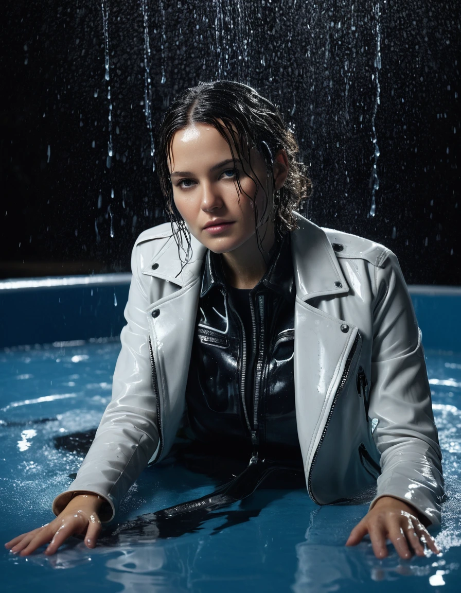photo of young woman, in soaking wet, drenched clothes,
Black leather ankle boots, soaked and glistening , skin tight black leather jeans, saturated, water-drenched white latex shirt, black leather jacket, saturated, laying submerged in a swimming pool at night, heavy rain, drenched, close up, water up to shoulders, 
enjoying, wet clothes stuck to body,
detailed textures of the wet clothes, wet face, wet plastered hair,
wet, drenched, professional, high-quality details, full body view.
sharp focus, ultra-high pixel detail, realistic, high-quality, full colors, incredibly detailed, 4k, 8k, 16k, hyper-realistic, RAW photo, masterpiece, ultra-detailed, professionally color graded, professional photograph, streaming raindrops, fabric transparency, high-contrast water cling, cinematic lighting, photorealistic, 8k, water dripping from hem, storm aftermath atmosphere, wet skin, wet clothes, damp fabric
