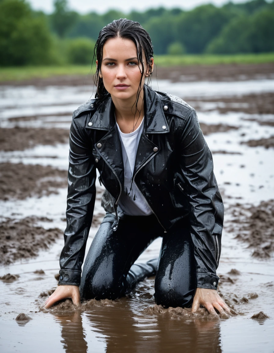 photo of young woman, in soaking wet, drenched clothes,
Black leather ankle boots, soaked and glistening , skin tight black leather jeans, saturated, water-drenched white latex shirt, black leather jacket, saturated, laying submerged in a mud pool in a field, covered in mud, heavy rain, drenched, close up, mud up to shoulders, 
enjoying, wet clothes stuck to body,
detailed textures of the wet clothes, wet face, wet plastered hair,
wet, drenched, professional, high-quality details, full body view.
sharp focus, ultra-high pixel detail, realistic, high-quality, full colors, incredibly detailed, 4k, 8k, 16k, hyper-realistic, RAW photo, masterpiece, ultra-detailed, professionally color graded, professional photograph, streaming raindrops, fabric transparency, high-contrast water cling, cinematic lighting, photorealistic, 8k, water dripping from hem, storm aftermath atmosphere, wet skin, wet clothes, damp fabric