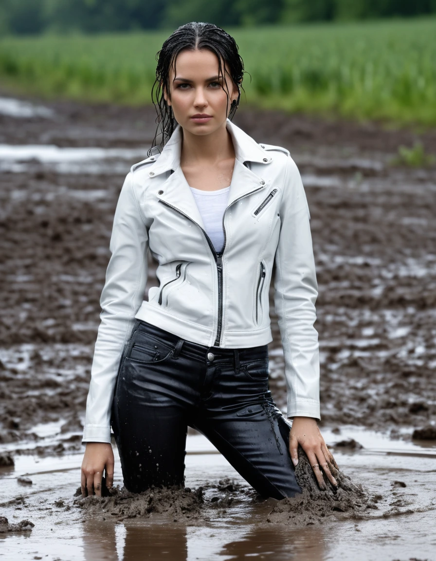 photo of young woman, in soaking wet, drenched clothes,
Black leather ankle boots, soaked and glistening , skin tight black leather jeans, saturated, water-drenched white latex shirt, black leather jacket, saturated, laying submerged in a mud pool in a field, covered in mud, heavy rain, drenched, close up, mud up to shoulders, 
enjoying, wet clothes stuck to body,
detailed textures of the wet clothes, wet face, wet plastered hair,
wet, drenched, professional, high-quality details, full body view.
sharp focus, ultra-high pixel detail, realistic, high-quality, full colors, incredibly detailed, 4k, 8k, 16k, hyper-realistic, RAW photo, masterpiece, ultra-detailed, professionally color graded, professional photograph, streaming raindrops, fabric transparency, high-contrast water cling, cinematic lighting, photorealistic, 8k, water dripping from hem, storm aftermath atmosphere, wet skin, wet clothes, damp fabric