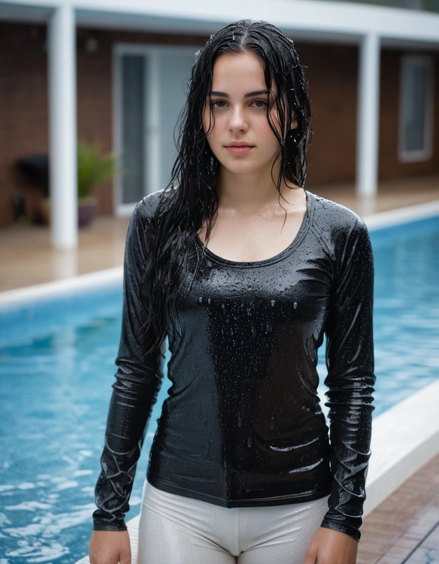professional photo of young woman, in soaking wet, drenched clothes, wet clothes stuck to body, detailed textures of the wet clothes, wet face, wet plastered hair, wet, drenched, wet skin, damp fabric, long black hair, wearing a plain black long sleeve tight t-shirt, white tight pants, black flats, standing at the edge of indoor swimming pool, wet fabric texture, water droplets, realistic reflections, soft pool lighting, full body view, detailed fabric texture, sharp focus, photorealistic, ultra-detailed fabric texture, realistic colors, RAW photo, professionally color graded