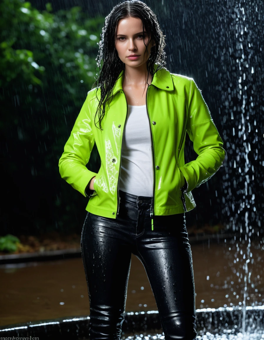 photo of young woman, in soaking wet, drenched clothes,
Black leather ankle boots, soaked and glistening , skin tight black leather jeans, saturated, water-drenched white latex shirt, neon green leather jacket, saturated, standing in an outdoor fountain at night, heavy rain, drenched, close up, 
enjoying, wet clothes stuck to body,
detailed textures of the wet clothes, wet face, wet plastered hair,
wet, drenched, professional, high-quality details, full body view.
sharp focus, ultra-high pixel detail, realistic, high-quality, full colors, incredibly detailed, 4k, 8k, 16k, hyper-realistic, RAW photo, masterpiece, ultra-detailed, professionally color graded, professional photograph, streaming raindrops, fabric transparency, high-contrast water cling, cinematic lighting, photorealistic, 8k, water dripping from hem, storm aftermath atmosphere, wet skin, wet clothes, damp fabric