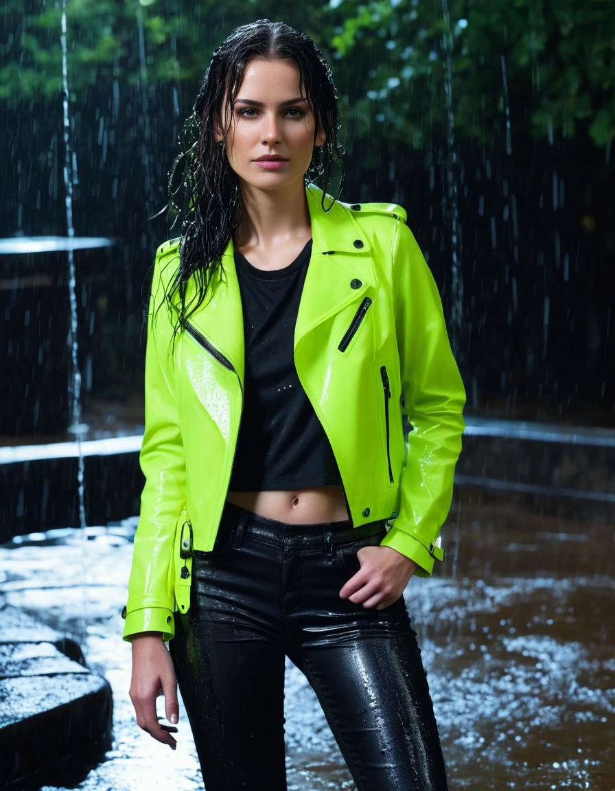 photo of young woman, in soaking wet, drenched clothes,
Black leather ankle boots, soaked and glistening , skin tight black leather jeans, saturated, water-drenched white latex shirt, neon green leather jacket, saturated, standing in an outdoor fountain at night, heavy rain, drenched, close up, 
enjoying, wet clothes stuck to body,
detailed textures of the wet clothes, wet face, wet plastered hair,
wet, drenched, professional, high-quality details, full body view.
sharp focus, ultra-high pixel detail, realistic, high-quality, full colors, incredibly detailed, 4k, 8k, 16k, hyper-realistic, RAW photo, masterpiece, ultra-detailed, professionally color graded, professional photograph, streaming raindrops, fabric transparency, high-contrast water cling, cinematic lighting, photorealistic, 8k, water dripping from hem, storm aftermath atmosphere, wet skin, wet clothes, damp fabric