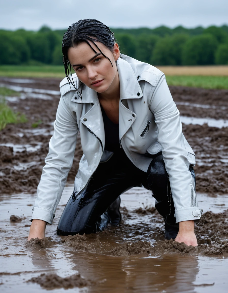 photo of young woman, in soaking wet, drenched clothes,
Black leather ankle boots, soaked and glistening , skin tight black leather jeans, saturated, water-drenched white latex shirt, black leather jacket, saturated, laying submerged in a mud pool in a field at night, heavy rain, drenched, close up, water up to shoulders, 
enjoying, wet clothes stuck to body,
detailed textures of the wet clothes, wet face, wet plastered hair,
wet, drenched, professional, high-quality details, full body view.
sharp focus, ultra-high pixel detail, realistic, high-quality, full colors, incredibly detailed, 4k, 8k, 16k, hyper-realistic, RAW photo, masterpiece, ultra-detailed, professionally color graded, professional photograph, streaming raindrops, fabric transparency, high-contrast water cling, cinematic lighting, photorealistic, 8k, water dripping from hem, storm aftermath atmosphere, wet skin, wet clothes, damp fabric