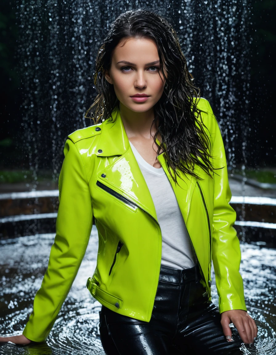 photo of young woman, in soaking wet, drenched clothes,
Black leather ankle boots, soaked and glistening , skin tight black leather jeans, saturated, water-drenched white latex shirt, neon green leather jacket, saturated, standing in an outdoor fountain at night, heavy rain, drenched, close up, 
enjoying, wet clothes stuck to body,
detailed textures of the wet clothes, wet face, wet plastered hair,
wet, drenched, professional, high-quality details, full body view.
sharp focus, ultra-high pixel detail, realistic, high-quality, full colors, incredibly detailed, 4k, 8k, 16k, hyper-realistic, RAW photo, masterpiece, ultra-detailed, professionally color graded, professional photograph, streaming raindrops, fabric transparency, high-contrast water cling, cinematic lighting, photorealistic, 8k, water dripping from hem, storm aftermath atmosphere, wet skin, wet clothes, damp fabric