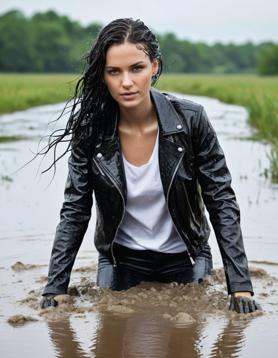 photo of young woman, in soaking wet, drenched clothes,
Black leather ankle boots, soaked and glistening , skin tight black leather jeans, saturated, water-drenched white latex shirt, black leather jacket, saturated, laying submerged in a mud pool in a field, covered in mud, heavy rain, drenched, close up, mud up to shoulders, 
enjoying, wet clothes stuck to body,
detailed textures of the wet clothes, wet face, wet plastered hair,
wet, drenched, professional, high-quality details, full body view.
sharp focus, ultra-high pixel detail, realistic, high-quality, full colors, incredibly detailed, 4k, 8k, 16k, hyper-realistic, RAW photo, masterpiece, ultra-detailed, professionally color graded, professional photograph, streaming raindrops, fabric transparency, high-contrast water cling, cinematic lighting, photorealistic, 8k, water dripping from hem, storm aftermath atmosphere, wet skin, wet clothes, damp fabric