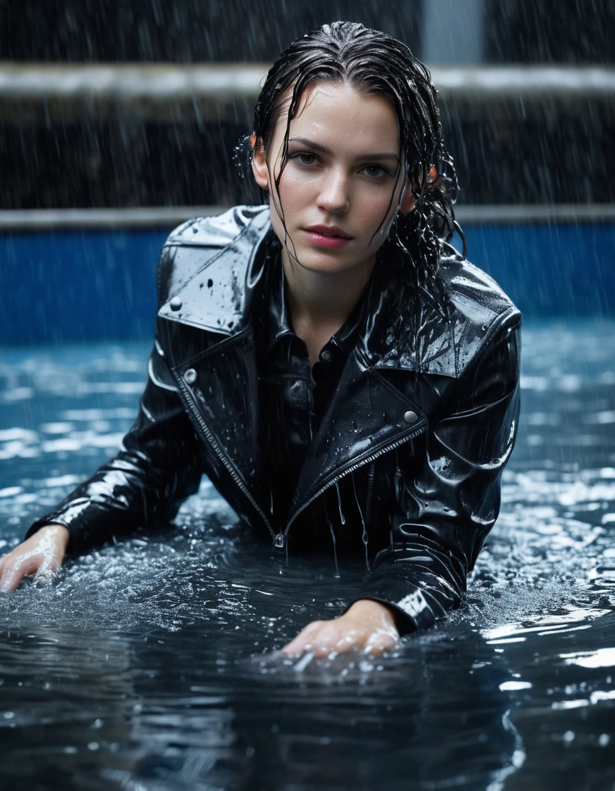 photo of young woman, in soaking wet, drenched clothes,
Black leather ankle boots, soaked and glistening , skin tight black leather jeans, saturated, water-drenched white latex shirt, black leather jacket, saturated, laying submerged in a swimming pool at night, heavy rain, drenched, close up, water up to shoulders, 
enjoying, wet clothes stuck to body,
detailed textures of the wet clothes, wet face, wet plastered hair,
wet, drenched, professional, high-quality details, full body view.
sharp focus, ultra-high pixel detail, realistic, high-quality, full colors, incredibly detailed, 4k, 8k, 16k, hyper-realistic, RAW photo, masterpiece, ultra-detailed, professionally color graded, professional photograph, streaming raindrops, fabric transparency, high-contrast water cling, cinematic lighting, photorealistic, 8k, water dripping from hem, storm aftermath atmosphere, wet skin, wet clothes, damp fabric