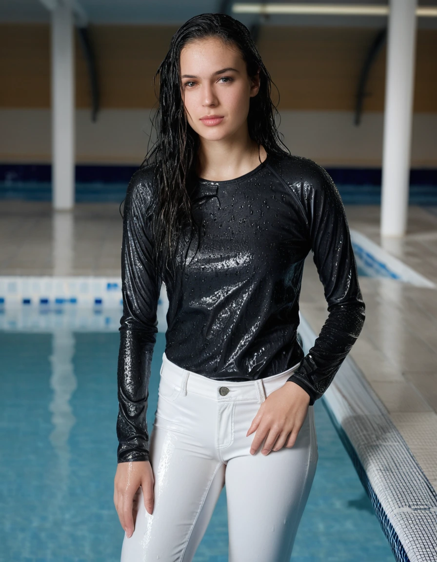 professional photo of young woman, black long hair, in soaking wet, drenched clothes, wet clothes stuck to body, detailed textures of the wet clothes, wet face, wet plastered hair, wet, drenched, wet skin, damp fabric, wearing plain black long sleeve tight t-shirt neck height, white tight pants, black flats, standing at the edge of indoor swimming pool, full body view, detailed fabric texture, sharp focus, photorealistic, ultra-detailed fabric texture, realistic colors, RAW photo, professionally color graded