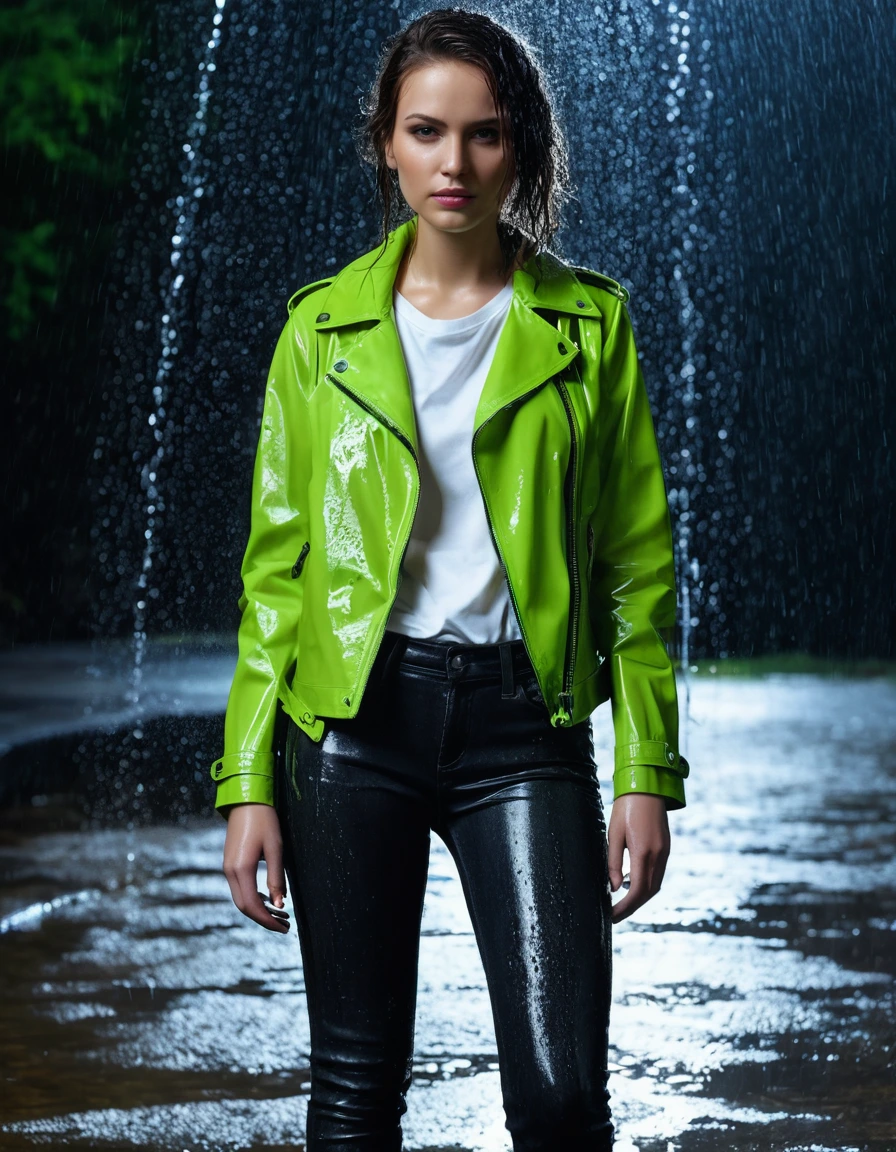 photo of young woman, in soaking wet, drenched clothes,
Black leather ankle boots, soaked and glistening , skin tight black leather jeans, saturated, water-drenched white latex shirt, neon green leather jacket, saturated, standing in an outdoor fountain at night, heavy rain, drenched, close up, 
enjoying, wet clothes stuck to body,
detailed textures of the wet clothes, wet face, wet plastered hair,
wet, drenched, professional, high-quality details, full body view.
sharp focus, ultra-high pixel detail, realistic, high-quality, full colors, incredibly detailed, 4k, 8k, 16k, hyper-realistic, RAW photo, masterpiece, ultra-detailed, professionally color graded, professional photograph, streaming raindrops, fabric transparency, high-contrast water cling, cinematic lighting, photorealistic, 8k, water dripping from hem, storm aftermath atmosphere, wet skin, wet clothes, damp fabric