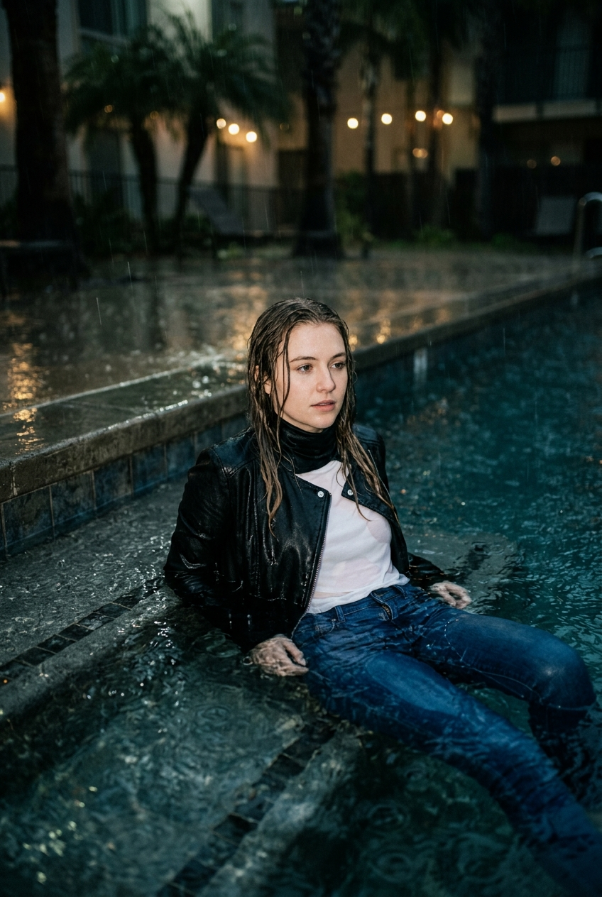 Create a realistic cinematic photograph of a young adult European woman with natural European features, laying submerged in a swimming pool at night during heavy rain, with water up to her shoulders. She is wearing a water-drenched white latex shirt, a saturated black leather jacket, saturated skin-tight black leather jeans, and black leather ankle boots, all soaking wet, visibly darkened, covered with realistic water droplets, and heavy with moisture. The scene features streaming raindrops, high-contrast water cling, and water dripping from the hem of her clothes, captured with cinematic lighting, photorealistic 8k detail, and a storm aftermath atmosphere, in a portrait-oriented 2:3 composition.