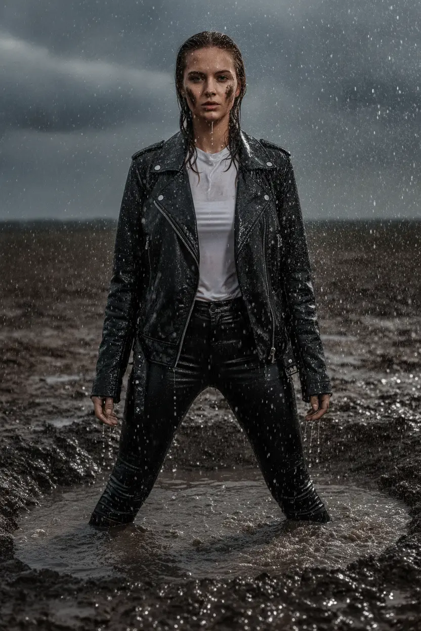 Create a realistic cinematic photograph of a young adult European woman with natural European features, laying submerged in a mud pool in a field, mud up to her shoulders. She is wearing a water-drenched white latex shirt, a black leather jacket, saturated skin-tight black leather jeans, and black leather ankle boots, all soaking wet, visibly darkened, covered with realistic water droplets, and heavy with moisture. The scene features heavy rain, streaming raindrops, and mud, with high-contrast water cling on the fabric and wet skin. The atmosphere is that of a storm aftermath, captured in a close-up, portrait-oriented composition with cinematic lighting, photorealistic 8k detail, and water dripping from the clothing hems.