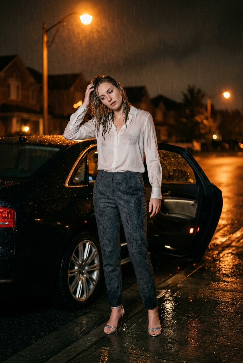 Create a realistic cinematic photograph of a young adult European woman with natural European features standing beside a luxury sedan with an open door on a suburban street at night, illuminated by dim orange streetlamps. She is brushing wet hair away from her face. She is wearing a sheer white silk blouse and tapered charcoal wool trousers, both of which are soaking wet, visibly darkened, covered with realistic rain droplets, and heavy with moisture. She is wearing strappy silver heeled sandals. The scene is captured from a cinematic low angle, featuring hyper-realistic rain droplets, wet skin, and damp fabric, rendered in 35mm photography style with sharp focus on the subject and vibrant contrast, in a 2:3 portrait orientation.