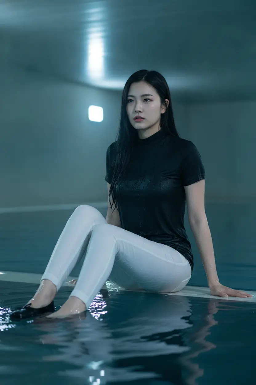 Create a realistic cinematic photograph of a young adult woman with long black hair, sitting at the edge of an indoor swimming pool with her legs in the water. She is wearing a plain black long-sleeve tight t-shirt with a neck roll and plain white long tight pants, paired with black flats. All clothing is soaking wet, saturated with water, visibly darkened, covered with realistic droplets, and heavy with moisture, with the shirt plastered over the pants. Her skin is wet and damp. The scene is illuminated by bright LED lights. Medium shot camera view from the pool, portrait orientation.