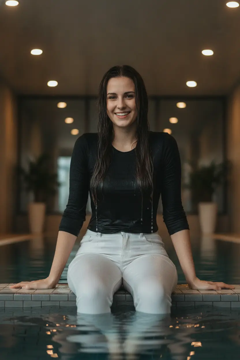 Create a realistic cinematic photograph of a young adult European woman with long dark brunette hair, sitting at the edge of an indoor pool with her legs submerged in the water. She is wearing a black tight long-sleeve t-shirt and long tight white jeans, both of which are completely soaking wet, visibly darkened, saturated with water, and heavy with moisture, with water droplets dripping from the damp fabric. Her skin is wet and glistening. She is looking at the camera and smiling. The scene is captured from a viewpoint inside the pool, illuminated by indoor LED lighting. The composition is a portrait-oriented shot.