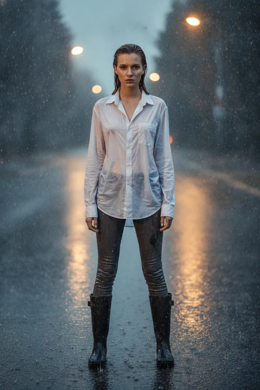 Create a realistic cinematic photograph of a young adult European woman with natural European features, standing on a suburban street at dusk with wet asphalt reflecting city lights. She is wearing a white oversized cotton shirt that is completely soaked, translucent, and heavy with moisture, paired with charcoal grey skinny jeans that are saturated and clinging to her legs, and black rubber rain boots that are puddle-splashed. The scene captures a sudden heavy downpour with visible water droplets, dramatic rain streaks, and high contrast lighting. Her hair is soaked and her skin is damp, with the fabric of her clothing appearing visibly darkened and covered in realistic water droplets. The image is a portrait-oriented editorial fashion shot with sharp focus and a cinematic atmosphere.