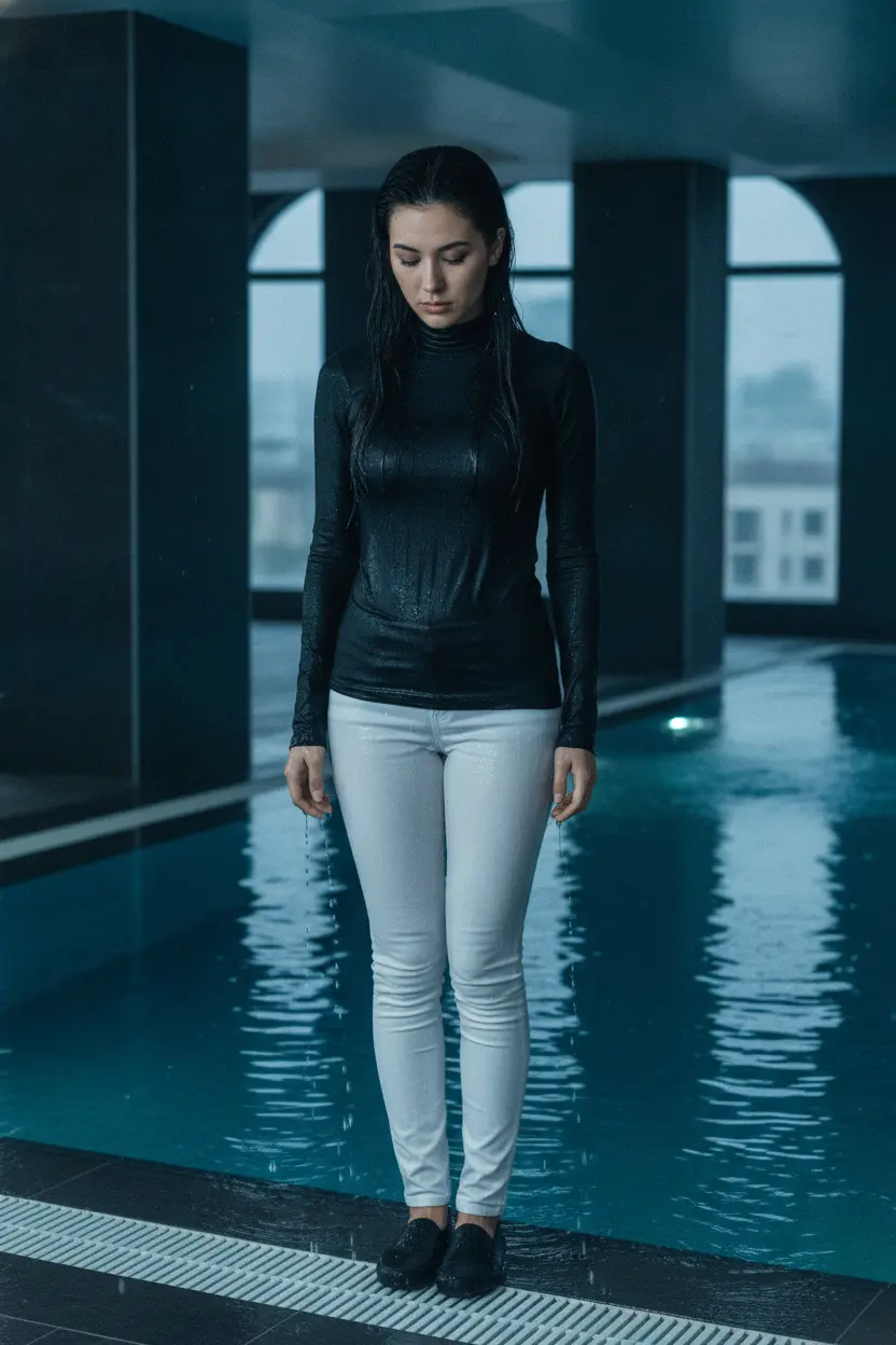 Create a realistic cinematic photograph of a young adult woman with long black hair standing at the edge of an indoor swimming pool illuminated by LED lights. She is wearing a plain black long-sleeve tight t-shirt with a neck roll and plain white long tight pants, paired with black flats. Her clothing is completely soaking wet, saturated with water, visibly darkened, covered with realistic droplets, and heavy with moisture, with the shirt plastered against the pants. Her skin is wet and damp. The composition is a portrait-oriented full-body shot.