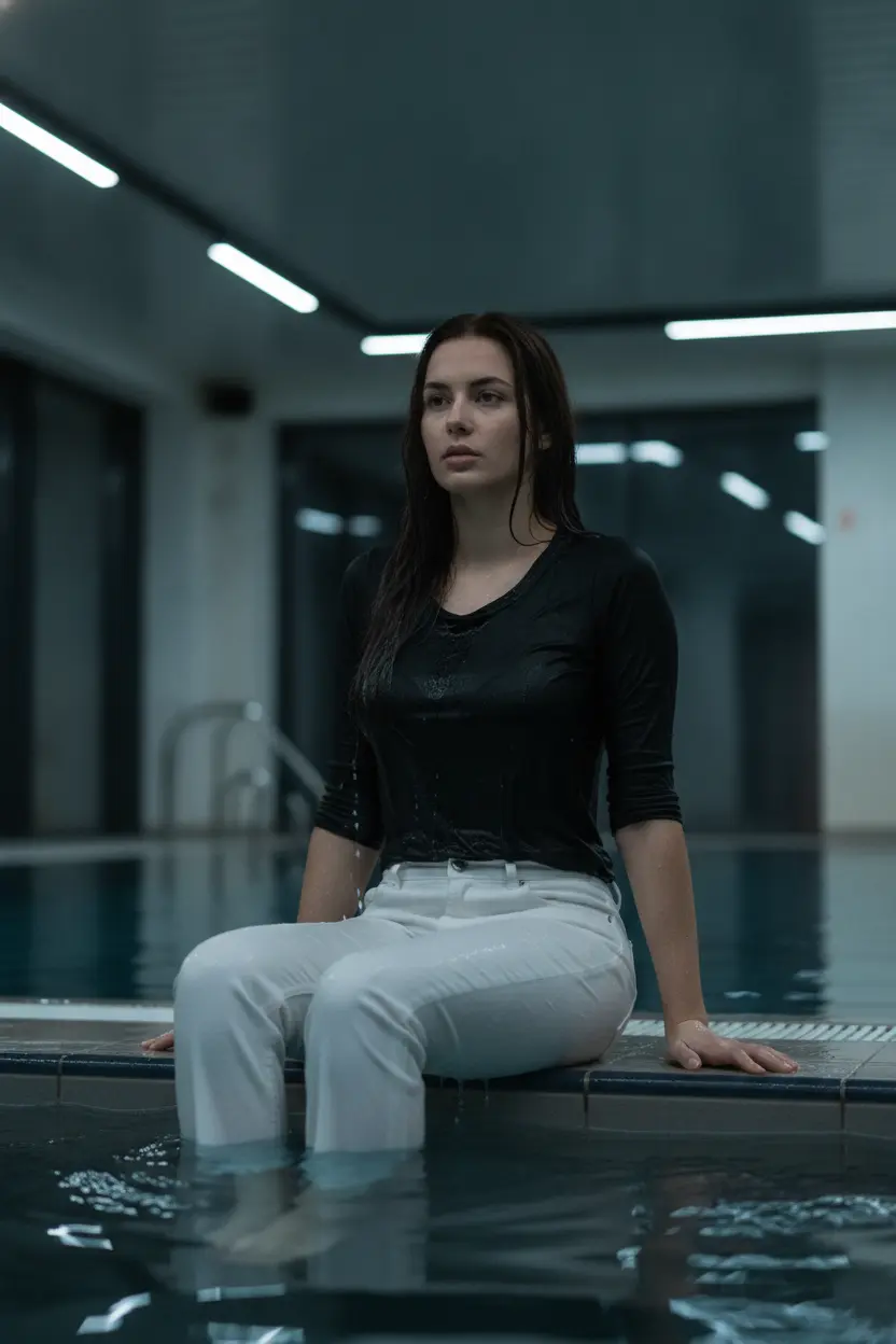 Create a realistic cinematic photograph of a young adult European woman with long dark brunette hair, sitting at the edge of an indoor pool with her legs submerged in the water. The camera shot is from within the pool, looking up at her. She is wearing a black long-sleeve t-shirt and long white jeans, both of which are completely soaking wet, visibly darkened, and saturated with water, with droplets dripping from the damp fabric. Her skin is wet, and the scene is illuminated by indoor LED lighting. The composition is a portrait-oriented 2:3 frame.