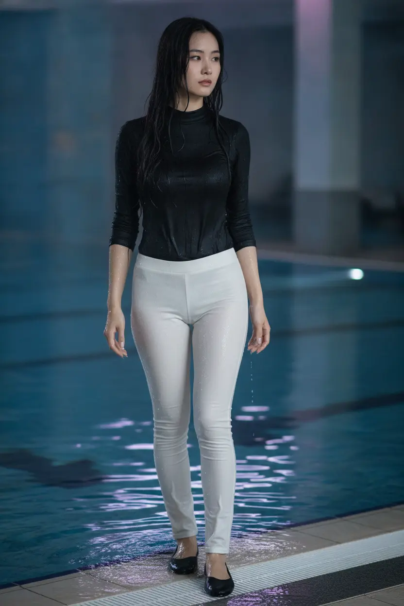 Create a realistic cinematic photograph of a young adult woman with long black hair, sitting at the edge of an indoor swimming pool with her legs in the water. She is wearing a plain black long-sleeve tight t-shirt with a neck roll and plain white long tight pants, paired with black flats. The clothing is completely soaking wet, visibly darkened, covered in realistic water droplets, and heavy with moisture, with the fabric clinging to her form while remaining fully opaque and covering. Her skin is damp with water droplets. The scene is illuminated by LED lights reflecting off the water, captured in a portrait-oriented 2:3 composition.