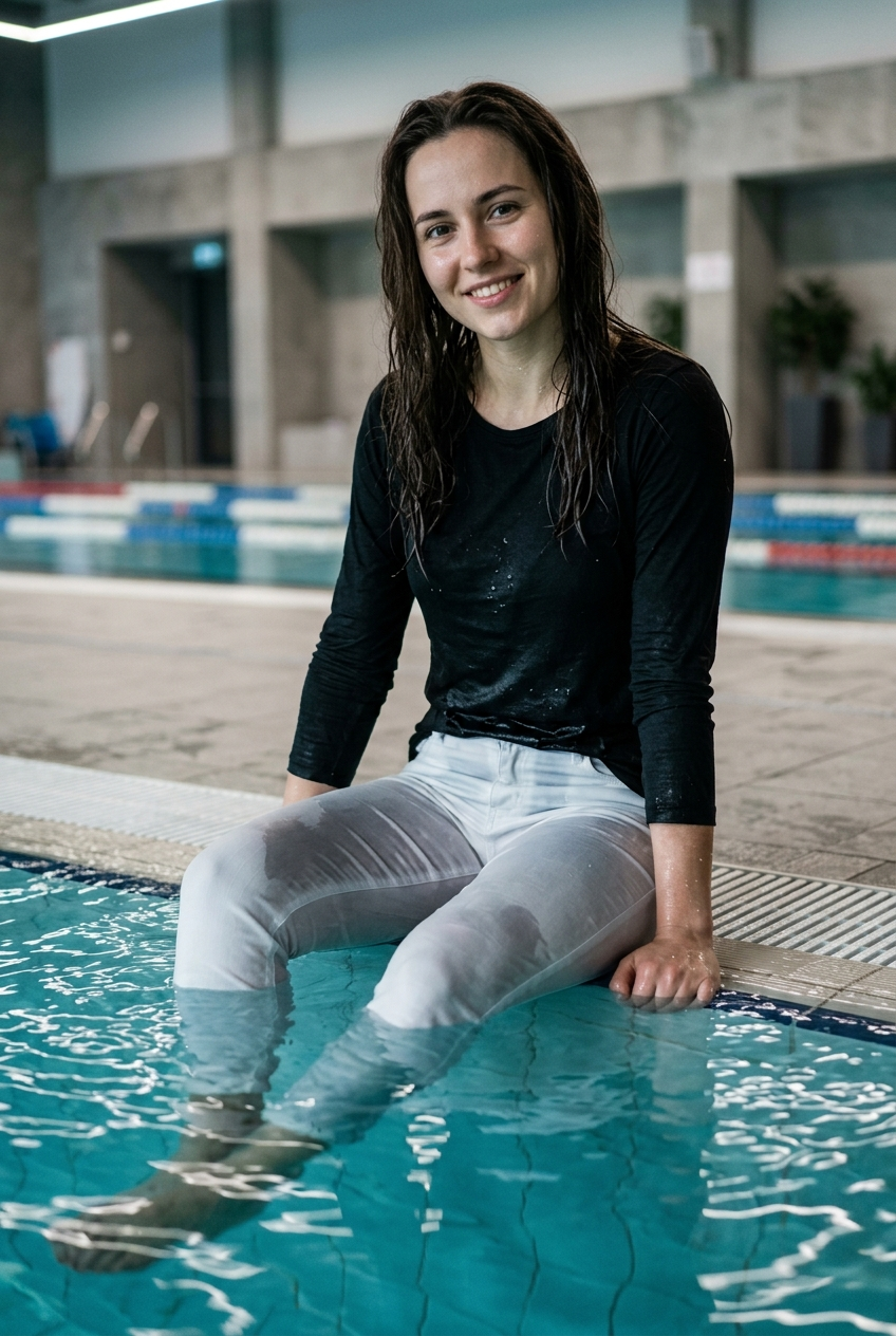 Create a realistic cinematic photograph of a young adult European woman with long dark brunette hair, sitting at the edge of an indoor pool with her legs submerged in the water. She is looking at the camera and smiling. The camera shot is taken from within the pool, looking up at her. The indoor LED lighting illuminates the scene. She is wearing a black long-sleeve t-shirt and long white jeans, both of which are completely soaked with water, visibly darkened, heavy with moisture, and covered in realistic water droplets. Her skin is damp and glistening from the water. The composition is a portrait-oriented 2:3 frame, captured in a photorealistic lifestyle photography style with natural color and balanced exposure.