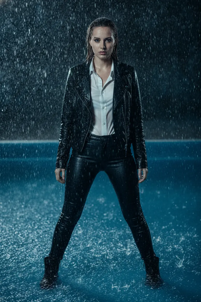 Create a realistic cinematic photograph of a young adult European woman with natural European features, laying submerged in a swimming pool at night during heavy rain, with water up to her shoulders. She is wearing a water-drenched white latex shirt that is saturated and heavy with moisture, a black leather jacket that is soaked and glistening, saturated skin-tight black leather jeans, and black leather ankle boots. The scene features streaming raindrops, high-contrast water cling, and water dripping from the hem of her clothing. The fabric appears visibly darkened and heavy with moisture, with realistic droplets covering the surfaces. The lighting is cinematic, capturing a storm aftermath atmosphere with wet skin and damp fabric, rendered in a photorealistic 8k style with a 2:3 portrait orientation.
