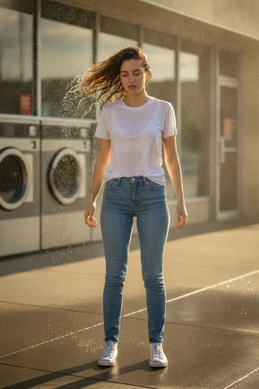 Create a realistic cinematic photograph of a young adult European woman with natural European features, standing on a suburban sidewalk in front of a laundromat. She is wearing a fitted white cotton t-shirt and light blue denim jeans, both completely saturated with water, visibly darkened, covered with realistic droplets, and heavy with moisture, clinging to her skin while maintaining full coverage. She wears white canvas sneakers that are soaked. She is shaking water off her hair, with droplets flying around her and shimmering damp skin. The scene is captured in natural daylight with a fountain spray mist lingering in the background. The image features sharp focus on the damp fabric texture, presented in a 2:3 portrait-oriented composition.
