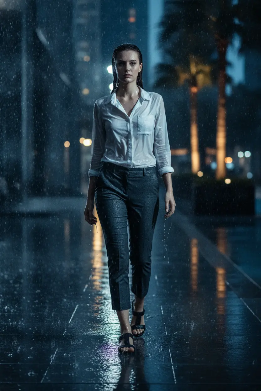 Create a realistic cinematic photograph of a young adult European woman with natural European features, walking along a modern poolside walkway at night with wet reflective tiles during heavy rainfall. She is wearing a white button-up blouse and charcoal grey cropped trousers, both garments are completely saturated with water, visibly darkened, covered in realistic droplets, and heavy with moisture. She is also wearing strappy black leather sandals on her bare feet. The scene features cinematic moody lighting and a high-contrast urban night aesthetic, with visible water droplets on her skin and a translucent effect on the damp fabric of her blouse. The image is hyper-realistic, 8k, and captured in a portrait-oriented composition.