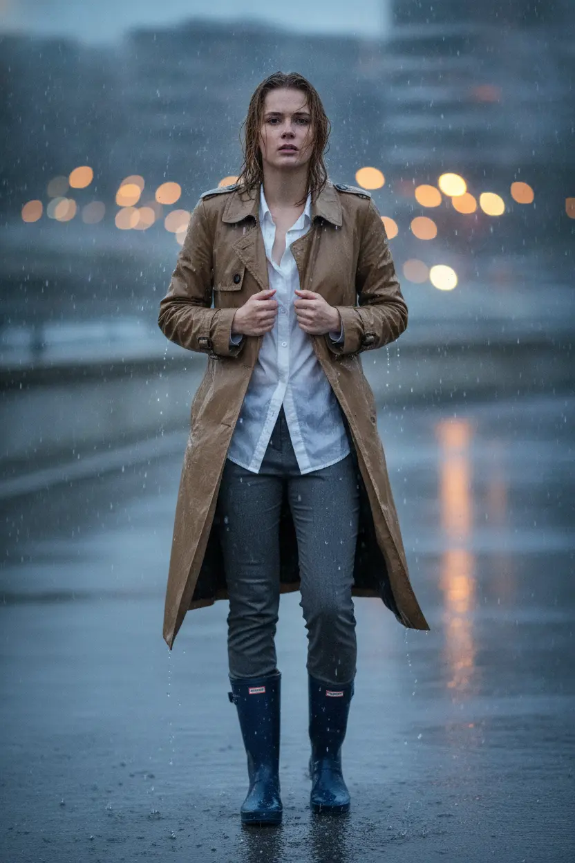 Create a realistic cinematic photograph of a young adult European woman with natural European features standing at a concrete parking garage entrance at twilight. She is frantically pulling a sodden tan trench coat tighter around herself. She is wearing a white cotton button-down shirt and charcoal grey slim-fit trousers, both of which are soaking wet, visibly darkened, covered in realistic water droplets, and heavy with moisture. She also wears dark blue rubber rain boots. Heavy rain is pouring down, with droplets clinging to her hair and the fabric of her clothes. The scene is captured in a cinematic candid paparazzi wide-angle shot with sharp focus on the fabric texture and wet skin. The background features vibrant city lights in a soft bokeh effect. The composition is portrait-oriented, 2:3.