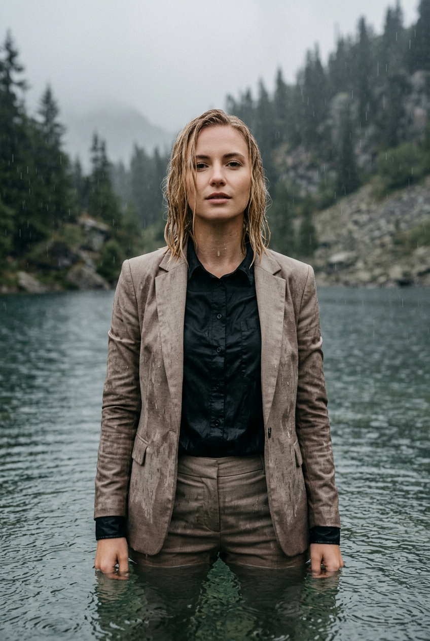 Create a realistic cinematic photograph of a young adult European woman with long blonde hair styled with a side parting, standing breast-deep in a clear mountain lake during a heavy rainstorm. She is wearing a beige business suit jacket, a black long-sleeved button-down business shirt, and beige long business trousers. The clothing is completely soaked, visibly darkened, and saturated with water, with realistic droplets clinging to the heavy, drenched fabric. She looks confidently into the camera. The scene is captured in a portrait-oriented 2:3 composition, emphasizing the natural, wet texture of the clothing and her composed expression amidst the heavy rain.
