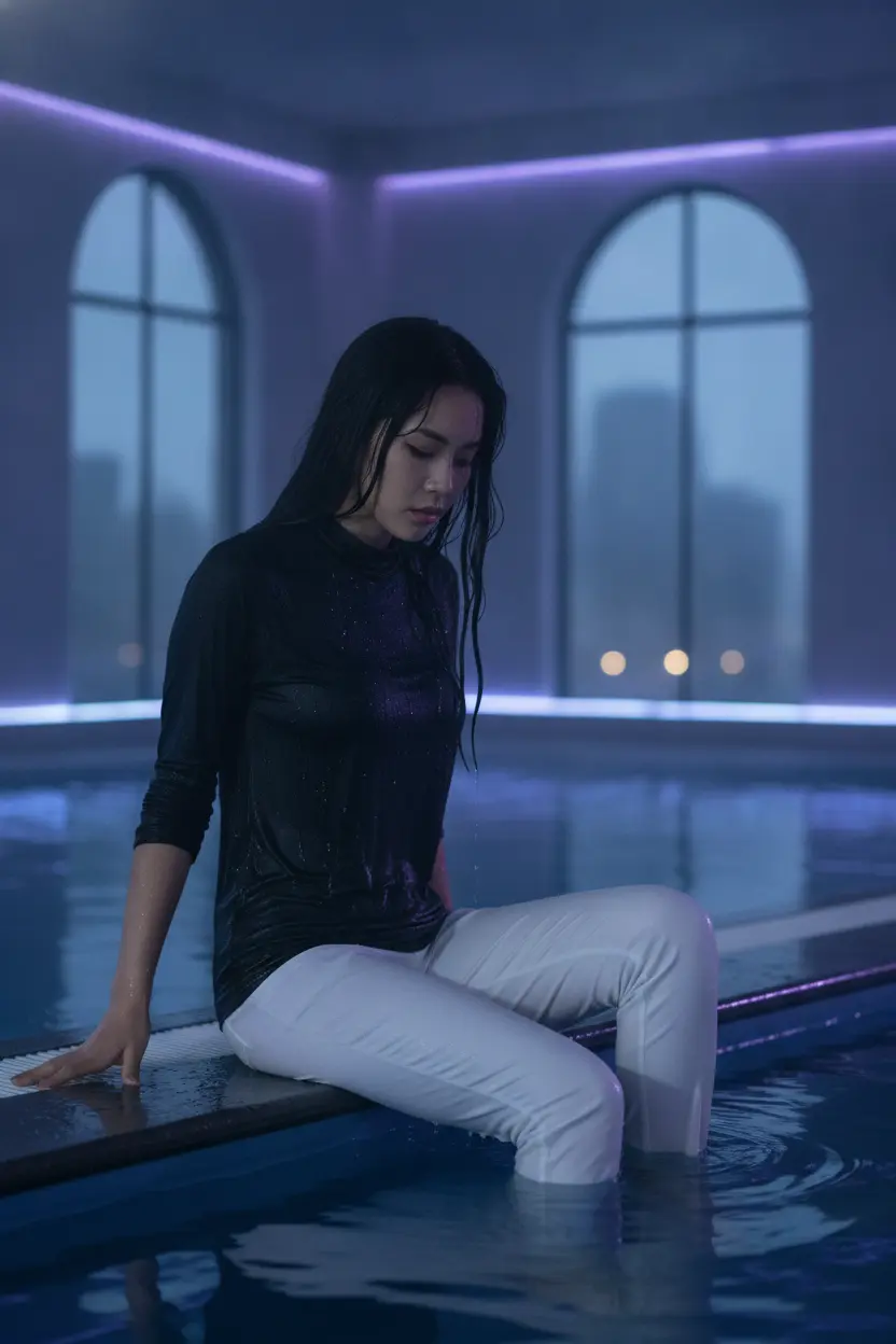 Create a realistic cinematic photograph of a young adult woman with long black hair, sitting at the edge of an indoor swimming pool with her legs in the water. She is wearing a plain black long-sleeve tight t-shirt with a neck roll and plain white long tight pants, paired with black flats. All of her clothing is soaking wet, saturated with water, visibly darkened, covered with realistic droplets, and heavy with moisture, with the shirt plastered over the pants. Her skin is wet and damp. The setting features an indoor swimming pool illuminated by LED lights. The composition is a portrait-oriented shot, 2:3 aspect ratio.