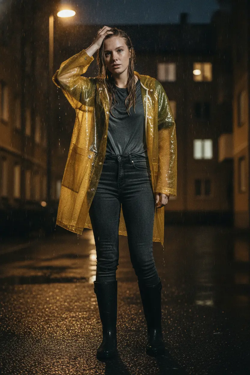 Create a realistic cinematic photograph of a young adult European woman with natural European features, captured in a full-body low-angle shot in a dimly lit apartment courtyard at night. She is wearing an oversized translucent yellow hooded rain slicker layered over a charcoal grey cotton t-shirt, with slim-fit dark charcoal denim jeans and black rubber knee-high rain boots. All garments are visibly saturated with heavy rainwater, darkened by moisture, and covered in glistening droplets. The woman is caught in motion, pushing wet hair out of her eyes. The scene features wet asphalt ground, dramatic high-contrast street lamp lighting, and motion blur in the background. The photograph is in a 2:3 portrait orientation, emphasizing the wet texture of her clothing and skin in a candid paparazzi style.