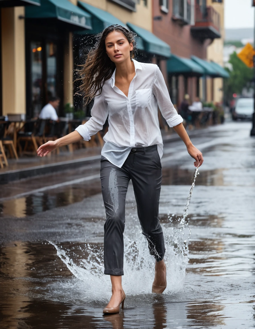 photo of young woman, in soaking wet, drenched clothes,
wet beige pointed-toe pumps, sheer charcoal grey slim-fit trousers clinging to skin, saturating white silk button-down shirt dripping with water, outdoor suburban street cafe sidewalk, 
enjoying, wet clothes stuck to body,
detailed textures of the wet clothes, wet face, wet plastered hair,
wet, drenched, professional, high-quality details, full body view.
sharp focus, ultra-high pixel detail, realistic, high-quality, full colors, incredibly detailed, 4k, 8k, 16k, hyper-realistic, RAW photo, masterpiece, ultra-detailed, professionally color graded, professional photograph, candid paparazzi shot from a low angle showing woman startled, shaking water off her soaked hair after being hit by a sudden deluge from a rooftop drainpipe, shimmering wet fabric textures, droplets splashing on pavement, photorealistic lifestyle photography, rich natural color, balanced bright exposure, moderate contrast, softly lifted shadows, high-speed shutter capture., wet skin, wet clothes, damp fabric