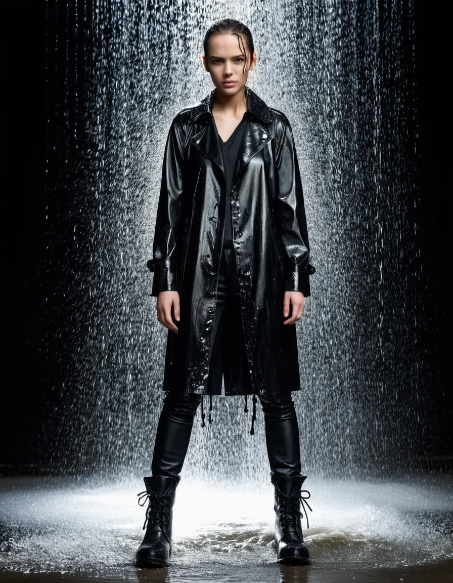 professional photo of young woman, in soaking wet, drenched clothes, wet clothes stuck to body, detailed textures of the wet clothes, wet face, wet plastered hair, wet, drenched, wet skin, damp fabric, wearing an oversize latex shirt, black leather jacket, black trench coat, skin tight black leather jeans, black leather ankle boots, soaked and glistening, streaming raindrops, fabric transparency, high-contrast water cling, standing under a shower, water flowing from head to toe, drenched, close up, water dripping from hem, storm aftermath atmosphere, cinematic lighting, full body view, sharp focus, photorealistic, ultra-detailed fabric texture, realistic colors, RAW photo, professionally color graded