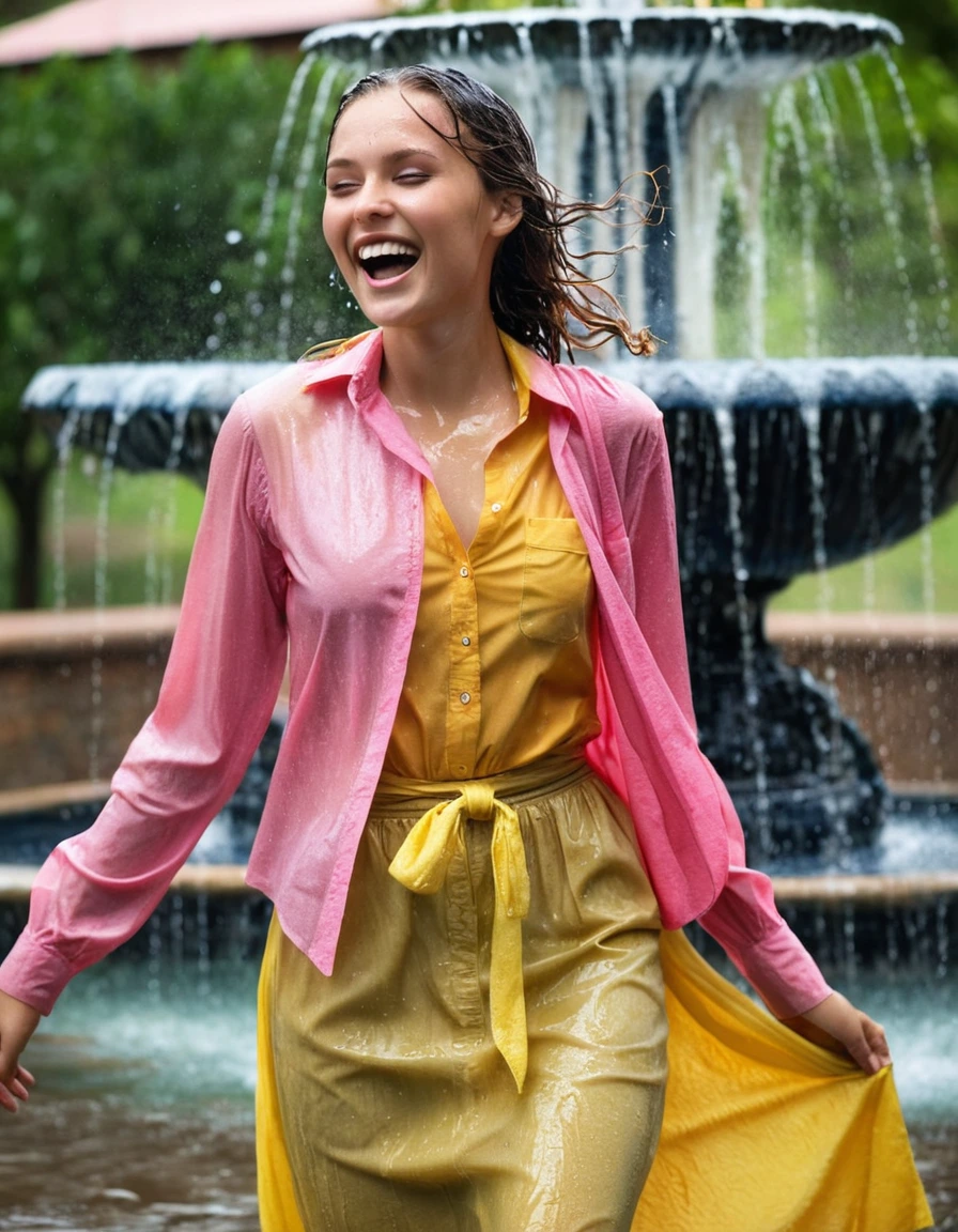 professional photo of young woman, in soaking wet, drenched clothes, wet clothes stuck to body, detailed textures of the wet clothes, wet face, wet plastered hair, wet, drenched, wet skin, damp fabric, happy and joyful expression, wearing a yellow long sleeved blouse with a necktie and a pink maxi skirt, heels, standing in a fountain, water splashing, natural daylight, full body view, detailed fabric texture, sharp focus, photorealistic, ultra-detailed fabric texture, realistic colors, RAW photo, professionally color graded