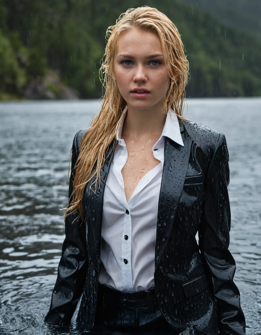 professional photo of young woman, 20 year old beautiful blonde, in soaking wet, drenched clothes, wet clothes stuck to body, detailed textures of the wet clothes, wet face, wet plastered hair, wet, drenched, wet skin, damp fabric, wearing a black business suit jacket with white button down business shirt longsleeve, black long business trouser, clothes are completely soaked and heavy with water, soaked tailored fabric, realistic structure, absorbed water, wet folds, breast deep submerged in a clear mountain lake, under a big rainshower, looks confidently into camera, side parting long hair, heavy rainstorm, dramatic lighting, rain droplets, full body view, sharp focus, photorealistic, ultra-detailed fabric texture, realistic colors, RAW photo, professionally color graded