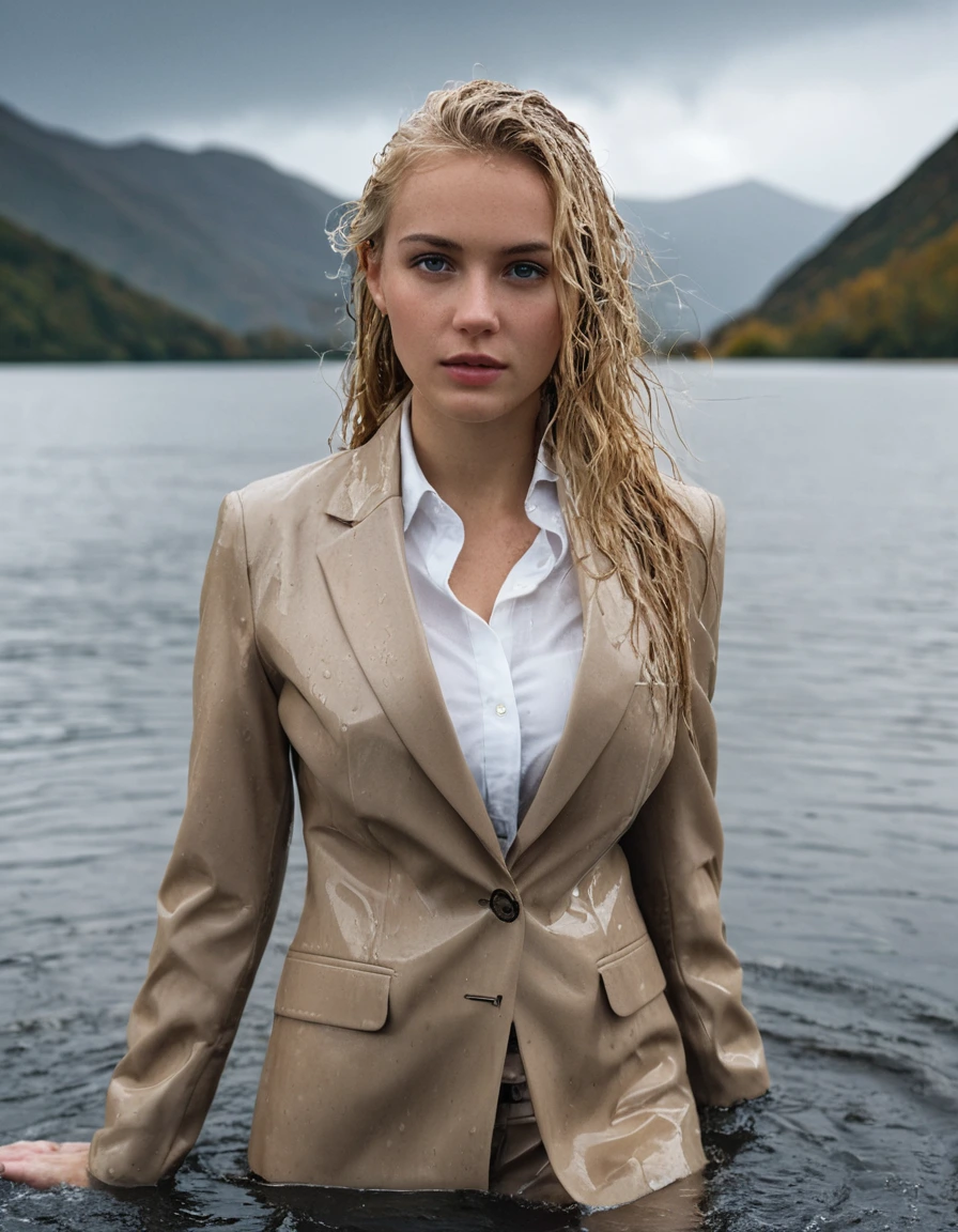 professional photo of young woman, in soaking wet, drenched clothes, wet clothes stuck to body, detailed textures of the wet clothes, wet face, wet plastered hair, wet, drenched, wet skin, damp fabric, 20 year old beautiful blonde, side parting long hair, breast deep submerged in water, wearing a beige business suit jacket with white button down business shirt longsleeve and beige long business trousers, soaked tailored fabric, visible wet folds and heavy fabric texture, looks confidently into camera, standing under a heavy rainstorm in a clear mountain lake, full body view, detailed fabric texture, sharp focus, photorealistic, ultra-detailed fabric texture, realistic colors, RAW photo, professionally color graded
