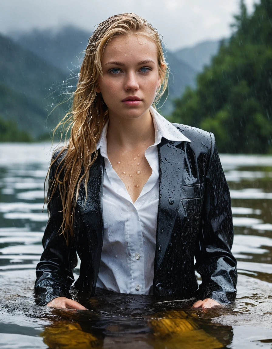 professional photo of young woman, 20 year old beautiful blonde, side parting long hair, in soaking wet, drenched clothes, wet clothes stuck to body, detailed textures of the wet clothes, wet face, wet plastered hair, wet, drenched, wet skin, damp fabric, wearing a black business suit jacket with white button down business shirt longsleeve, black long business trousers, breast deep submerged, looks confidently into camera, swimming in a clear mountain lake under a heavy rainstorm, heavy rain, water droplets, dramatic storm lighting, moody atmosphere, cinematic lighting, full body view, sharp focus, photorealistic, ultra-detailed fabric texture, realistic colors, RAW photo, professionally color graded