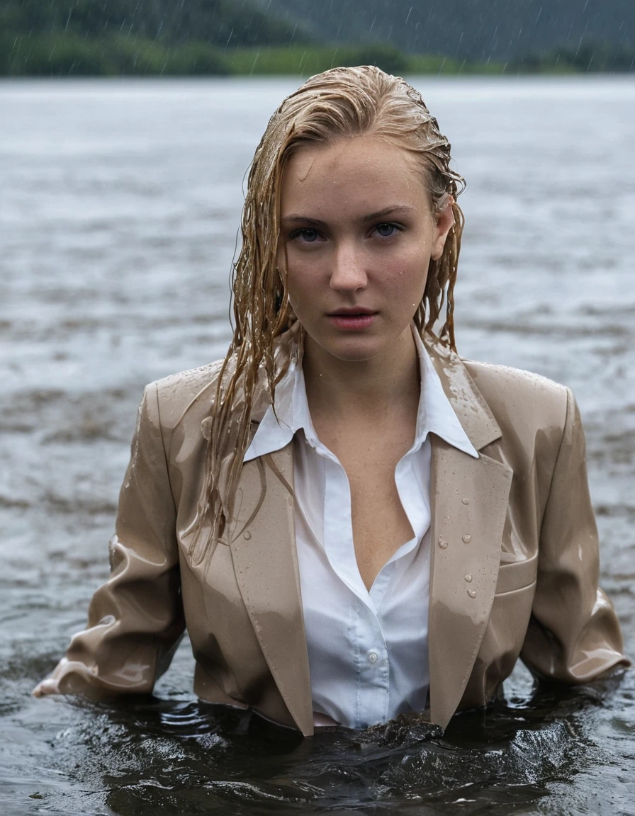 professional photo of young woman, in soaking wet, drenched clothes, wet clothes stuck to body, detailed textures of the wet clothes, wet face, wet plastered hair, wet, drenched, wet skin, damp fabric, 20 year old beautiful white blonde woman with side parting long hair, breast deep submerged in water, wearing a beige business suit jacket over a white button down business shirt longsleeve and beige long business trouser, soaked tailored fabric, visible wet folds and absorbed water, confident expression looking into camera, clear mountain lake environment, heavy rain storm, cinematic lighting, full body view, detailed fabric texture, sharp focus, photorealistic, ultra-detailed fabric texture, realistic colors, RAW photo, professionally color graded