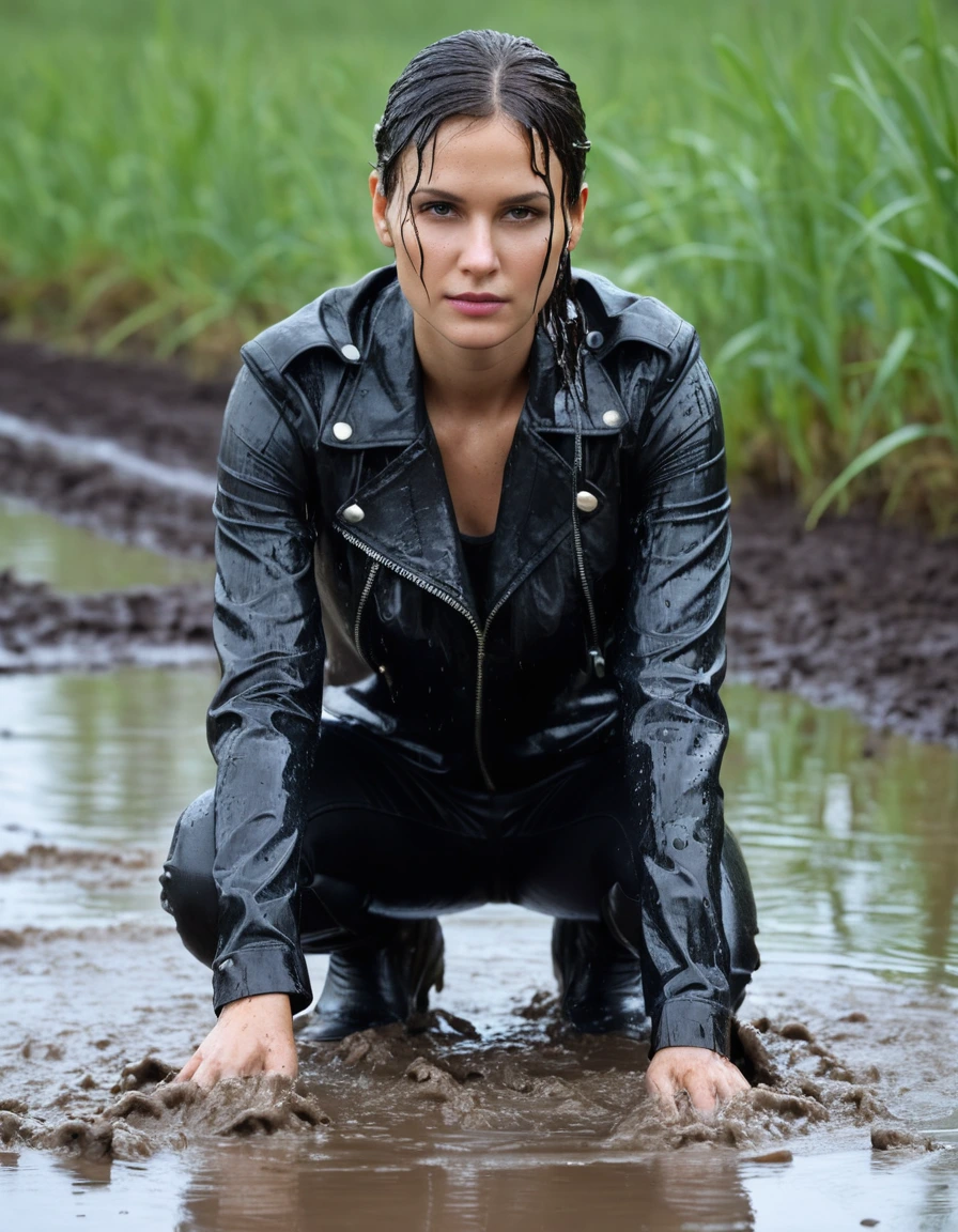 photo of young woman, in soaking wet, drenched clothes,
Black leather ankle boots, soaked and glistening , skin tight black leather jeans, saturated, water-drenched white latex shirt, black leather jacket, saturated, lying submerged in a mud pool in a field, covered in mud, heavy rain, drenched, close up, mud up to shoulders, 
enjoying, wet clothes stuck to body,
detailed textures of the wet clothes, wet face, wet plastered hair,
wet, drenched, professional, high-quality details, full body view.
sharp focus, ultra-high pixel detail, realistic, high-quality, full colors, incredibly detailed, 4k, 8k, 16k, hyper-realistic, RAW photo, masterpiece, ultra-detailed, professionally color graded, professional photograph, streaming raindrops, fabric transparency, high-contrast water cling, cinematic lighting, photorealistic, 8k, water dripping from hem, storm aftermath atmosphere, wet skin, wet clothes, damp fabric