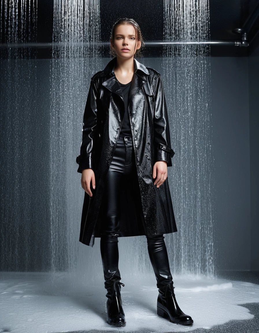 professional photo of young woman, in soaking wet, drenched clothes, wet clothes stuck to body, detailed textures of the wet clothes, wet face, wet plastered hair, wet, drenched, wet skin, damp fabric, wearing a water-drenched black oversize latex shirt, black leather jacket, saturated, black trench coat, skin tight black leather jeans, saturated, black leather ankle boots, soaked and glistening, standing under a shower with water flowing from head to toe, streaming raindrops, high-contrast water cling, fabric transparency, water dripping from hem, storm aftermath atmosphere, cinematic lighting, close up, full body view, detailed fabric texture, sharp focus, photorealistic, ultra-detailed fabric texture, realistic colors, RAW photo, professionally color graded