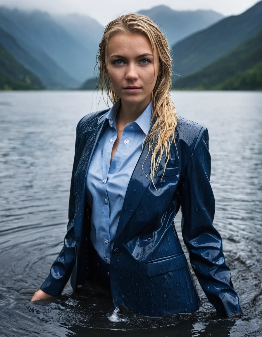 professional photo of young woman, 20 year old beautiful white blonde woman, in soaking wet, drenched clothes, wet clothes stuck to body, detailed textures of the wet clothes, wet face, wet plastered hair, wet, drenched, wet skin, damp fabric, side parting long hair, wearing a dark blue business suit jacket with light blue button down business shirt longsleeve and dark blue long business trouser, soaked tailored fabric, breast deep submerged, confident expression looking into camera, swimming in a clear mountain lake during a heavy rainstorm, big rainshower, dramatic storm lighting, water droplets, cinematic atmosphere, full body view, sharp focus, photorealistic, ultra-detailed fabric texture, realistic colors, RAW photo, professionally color graded