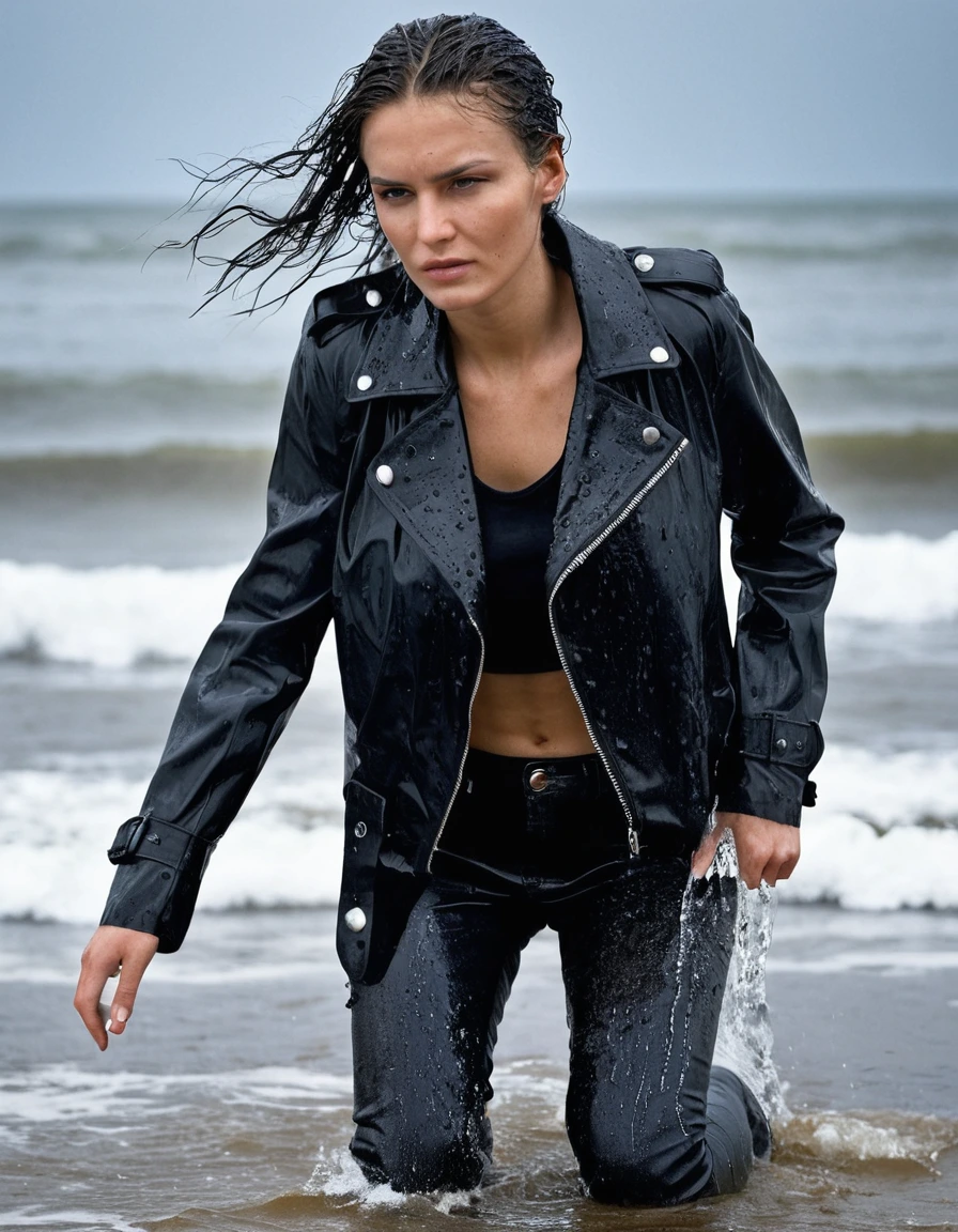 professional photo of young woman, in soaking wet, drenched clothes, wet clothes stuck to body, detailed textures of the wet clothes, wet face, wet plastered hair, wet, drenched, wet skin, damp fabric, wearing a water-drenched white oversize leather t-shirt, black leather jacket, saturated, black trench coat, skin tight black leather jeans, saturated, black leather ankle boots, soaked and glistening, streaming raindrops, fabric transparency, high-contrast water cling, water dripping from hem, standing in the waves at the beach, waves breaking, heavy rain at night, storm aftermath atmosphere, cinematic lighting, full body view, sharp focus, photorealistic, ultra-detailed fabric texture, realistic colors, RAW photo, professionally color graded