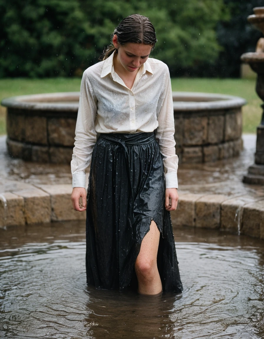 professional photo of young woman, in soaking wet, drenched clothes, wet clothes stuck to body, detailed textures of the wet clothes, wet face, wet plastered hair, wet, drenched, wet skin, damp fabric, depressed, crying, conservative, catholic, wearing a long sleeved blouse and necktie and a maxi skirt and heels, drenched long sleeved blouse with absorbed water, soaked maxi skirt clinging to legs, water droplets on fabric, standing in a stone fountain, melancholy atmosphere, overcast lighting, full body view, sharp focus, photorealistic, ultra-detailed fabric texture, realistic colors, RAW photo, professionally color graded