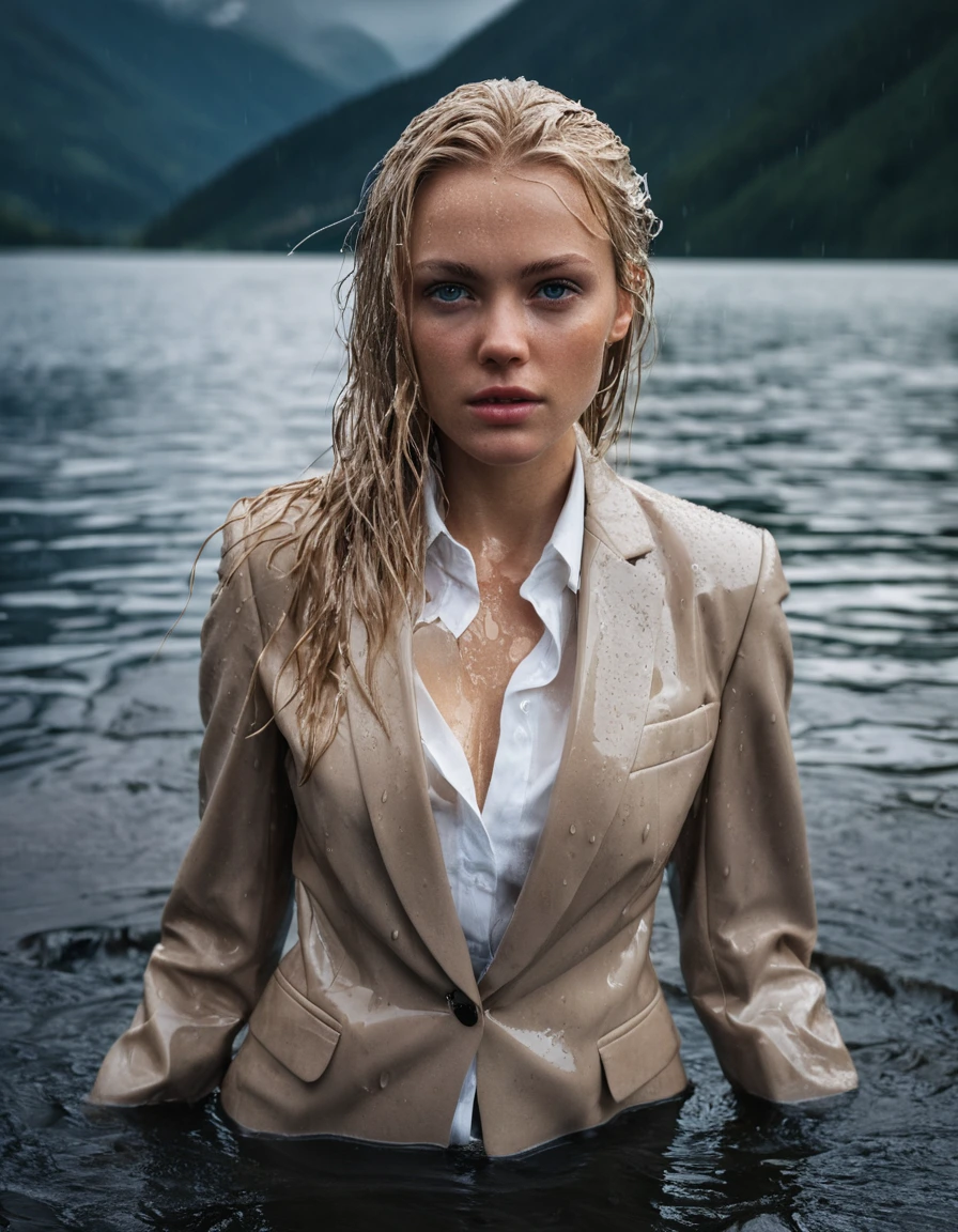 professional photo of young woman, elegant beautiful white blonde, in soaking wet, drenched clothes, wet clothes stuck to body, detailed textures of the wet clothes, wet face, wet plastered hair, wet, drenched, wet skin, damp fabric, wearing a beige business suit jacket with white button down business shirt longsleeve and beige long business trousers, soaking wet tailored fabric, wet folds, fabric clinging to body, side parting long hair, standing breast deep submerged in a clear mountain lake, looking confidently into camera, heavy rainstorm, rain droplets hitting water surface, cinematic lighting, full body view, sharp focus, photorealistic, ultra-detailed fabric texture, realistic colors, RAW photo, professionally color graded