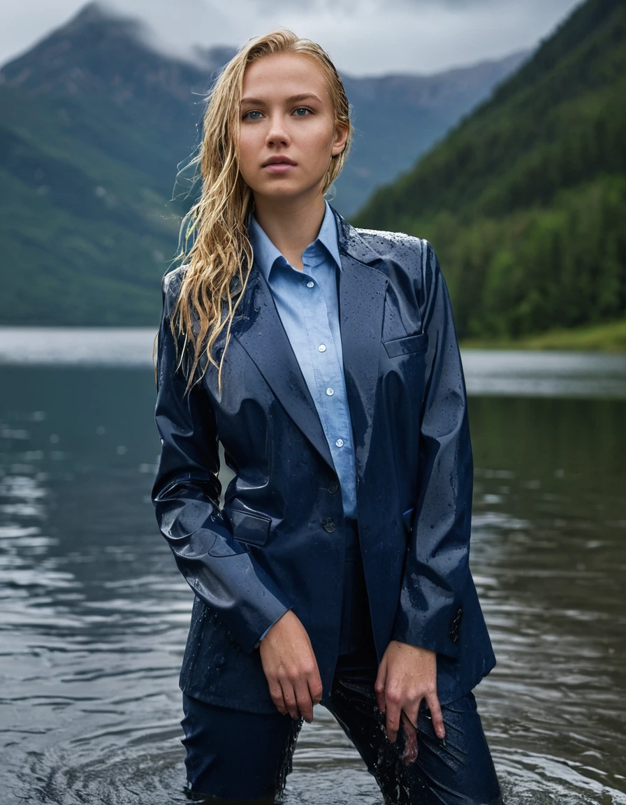 professional photo of young woman, 20 year old beautiful white blonde woman, in soaking wet, drenched clothes, wet clothes stuck to body, detailed textures of the wet clothes, wet face, wet plastered hair, wet, drenched, wet skin, damp fabric, side parting long hair, wearing a dark blue business suit jacket with light blue button down business shirt longsleeve, dark blue long business trouser, clothes are soaked tailored fabric with realistic structure, breast deep submerged, swimming, looks confidently into camera, clear mountain lake, heavy rainstorm, big rainshower, cinematic lighting, dramatic atmosphere, full body view, detailed fabric texture, sharp focus, photorealistic, ultra-detailed fabric texture, realistic colors, RAW photo, professionally color graded