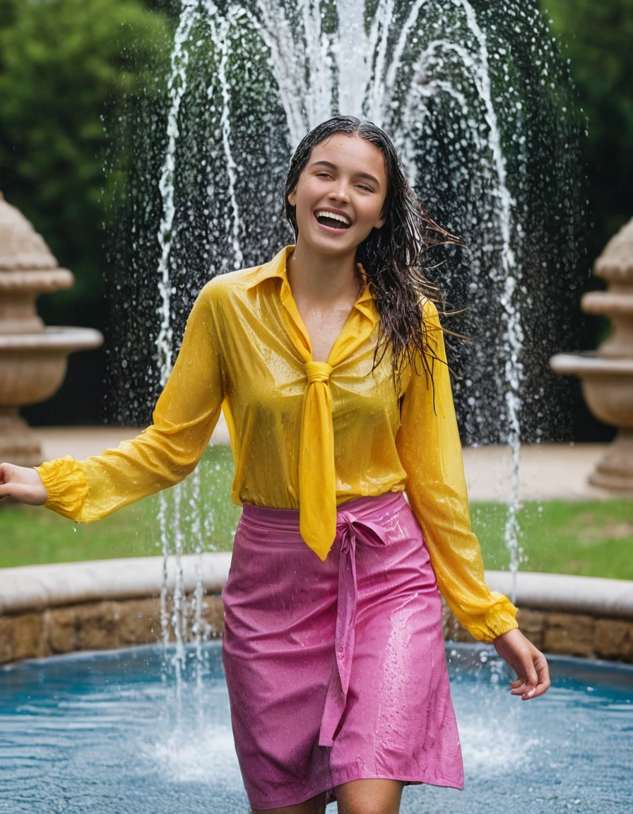 professional photo of young woman, in soaking wet, drenched clothes, wet clothes stuck to body, detailed textures of the wet clothes, wet face, wet plastered hair, wet, drenched, wet skin, damp fabric, wearing a yellow long sleeved blouse with a necktie and a pink maxi skirt, wearing heels, happy and joyful expression, standing in a fountain with splashing water, full body view, detailed fabric texture, sharp focus, photorealistic, ultra-detailed fabric texture, realistic colors, RAW photo, professionally color graded