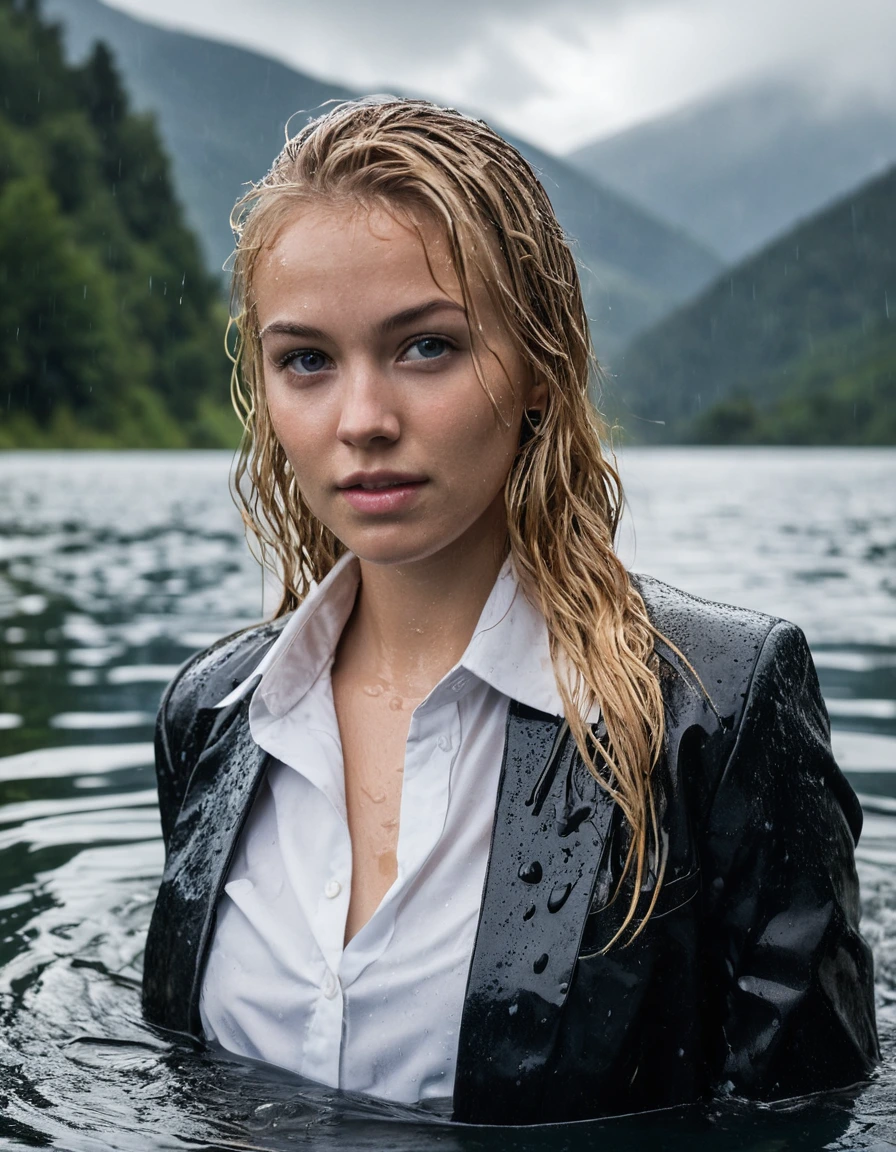 professional photo of young woman, 20 year old beautiful blonde, side parting long hair, in soaking wet, drenched clothes, wet clothes stuck to body, detailed textures of the wet clothes, wet face, wet plastered hair, wet, drenched, wet skin, damp fabric, wearing a black business suit jacket with white button down business shirt longsleeve, black long business trouser, breast deep submerged, looks confidently into camera, swimming in a clear mountain lake, heavy rainstorm, big rainshower, cinematic lighting, dramatic atmosphere, full body view, detailed fabric texture, sharp focus, photorealistic, ultra-detailed fabric texture, realistic colors, RAW photo, professionally color graded