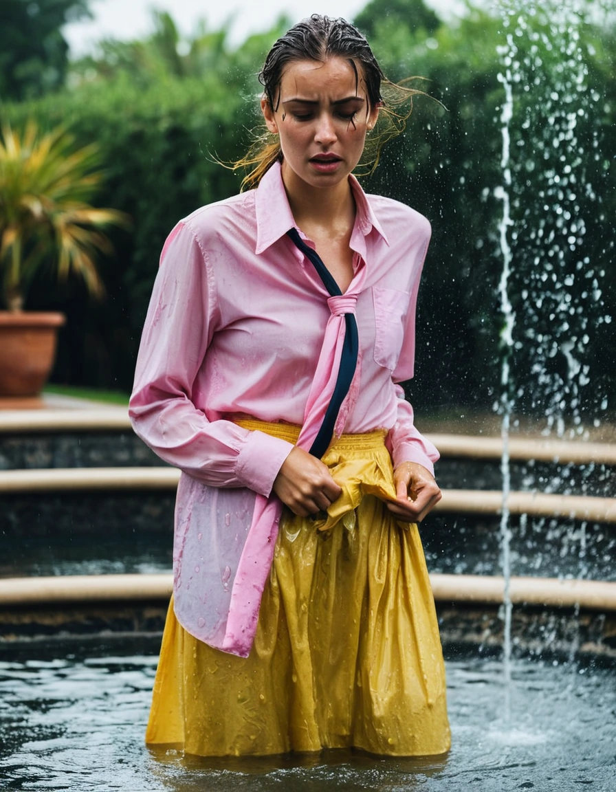 professional photo of young woman, in soaking wet, drenched clothes, wet clothes stuck to body, detailed textures of the wet clothes, wet face, wet plastered hair, wet, drenched, wet skin, damp fabric, depressed, crying, tantrum, very conservative looking, buttoned up to the neck yellow long sleeved blouse, necktie, pink maxi skirt, heels, standing in a fountain, water splashing, full body view, detailed fabric texture, sharp focus, photorealistic, ultra-detailed fabric texture, realistic colors, RAW photo, professionally color graded